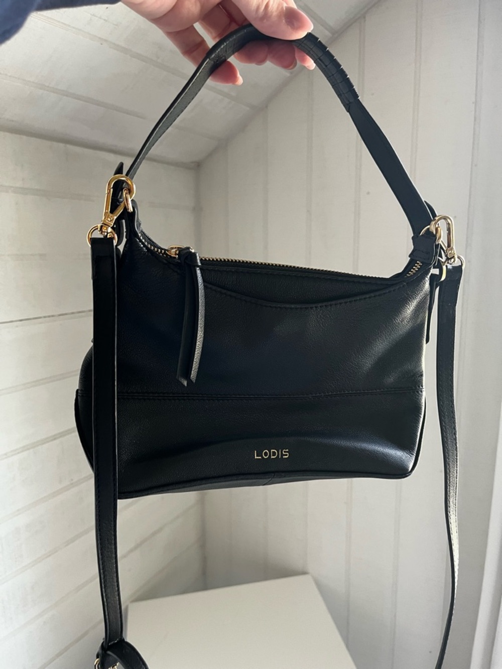 Lodis Black Leather Shoulder Crossbody Bag with Gold Hardware